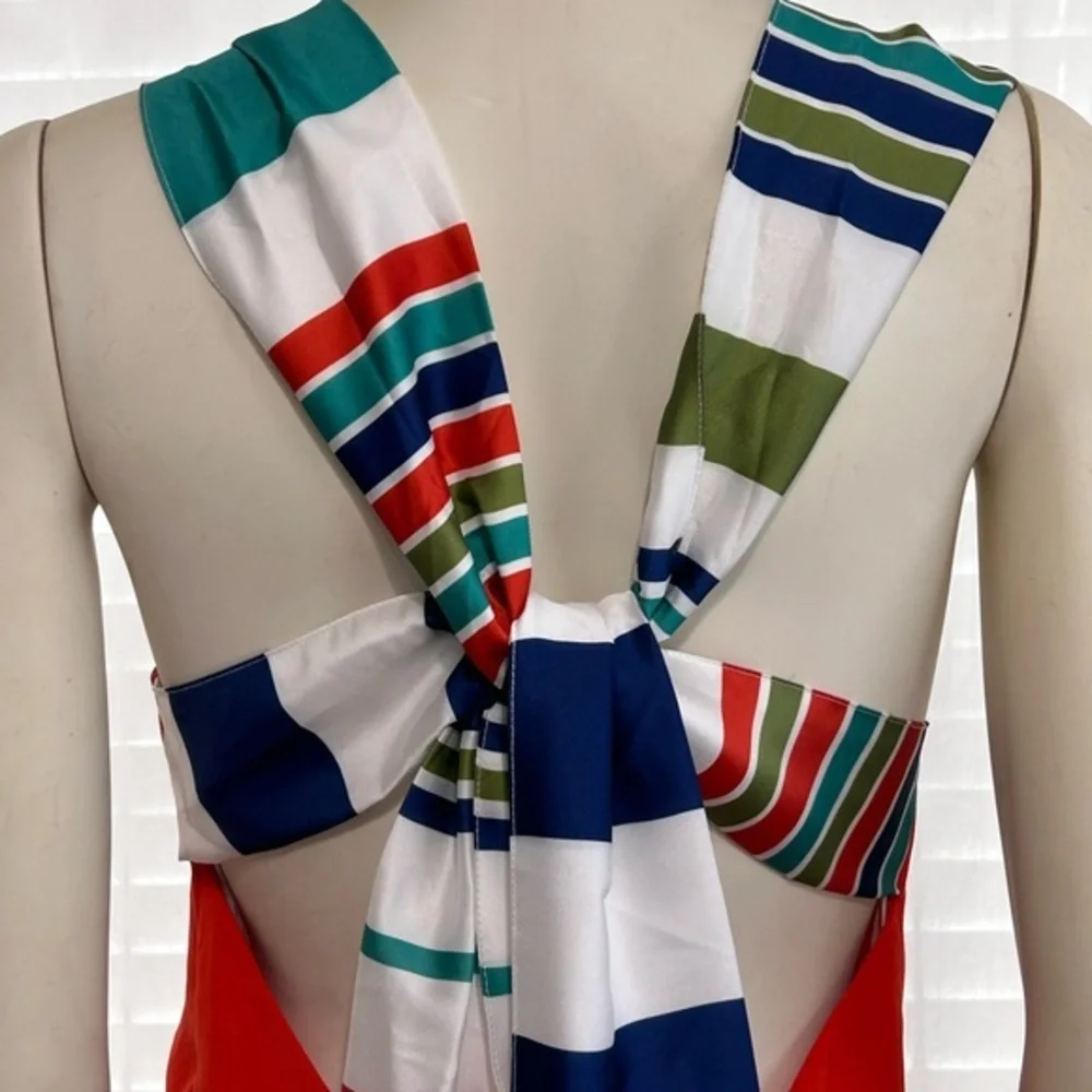 LULU’S Joyful Red Orange Multi Stripe Tie-Back Mini Dress Size Small, Like New - Picture 3 of 15